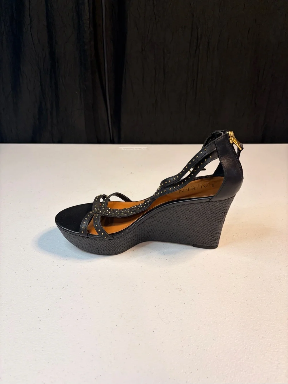 Lauren Ralph Lauren Quanta Black Leather Studded Wedge Sandals‎ 8.5B 11424 L15
